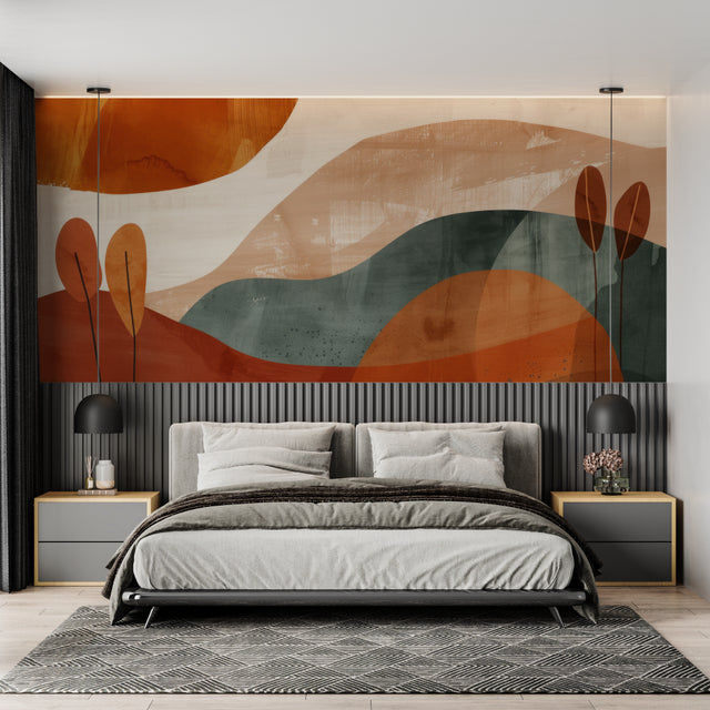 Abstract landscape wallpaper in modern living room showing terracotta and forest green tones creating depth