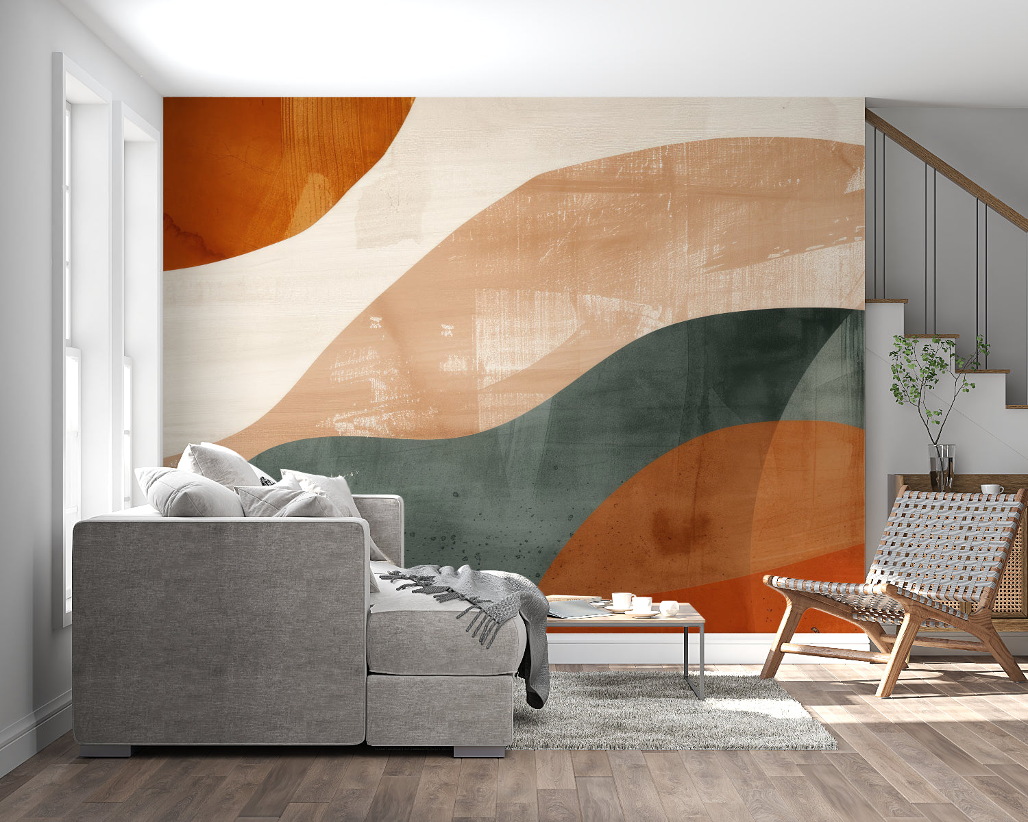 Master bedroom featuring abstract wall mural with organic shapes in earthy colors