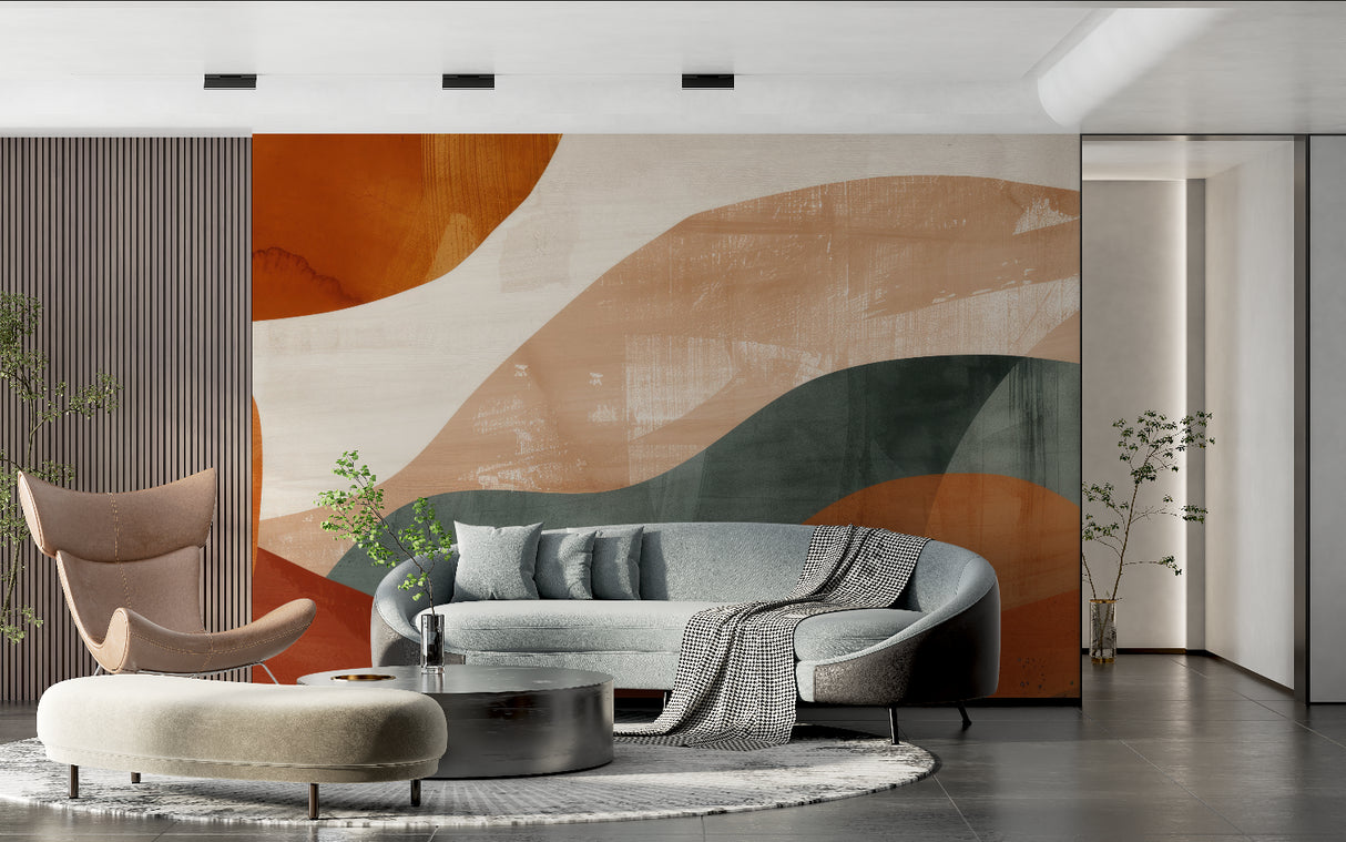 Home office space with modern abstract wallpaper in warm terracotta tones