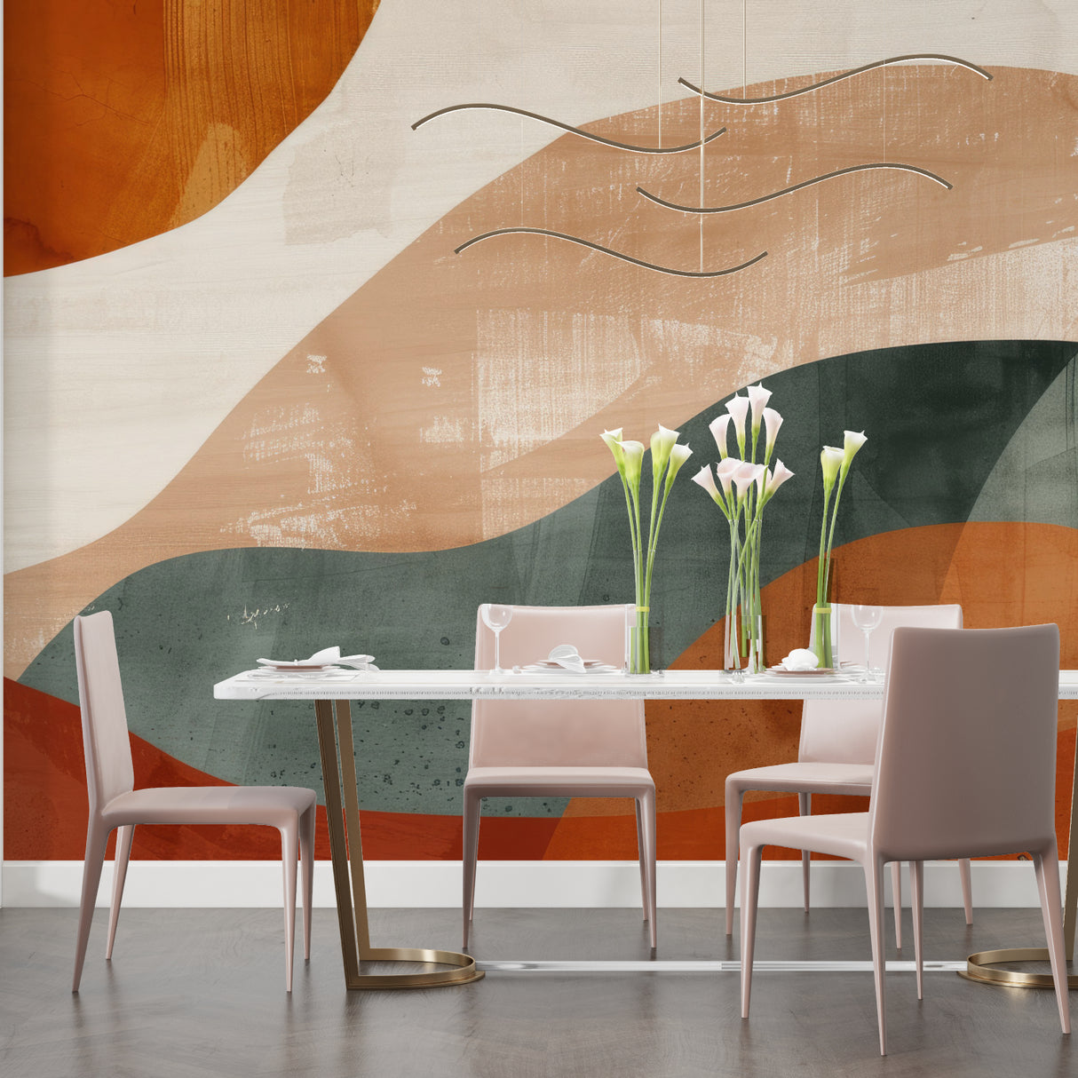 Dining room showcase of abstract landscape mural creating warm atmosphere