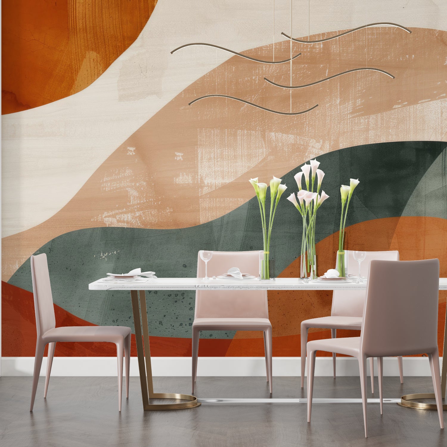 Dining room showcase of abstract landscape mural creating warm atmosphere
