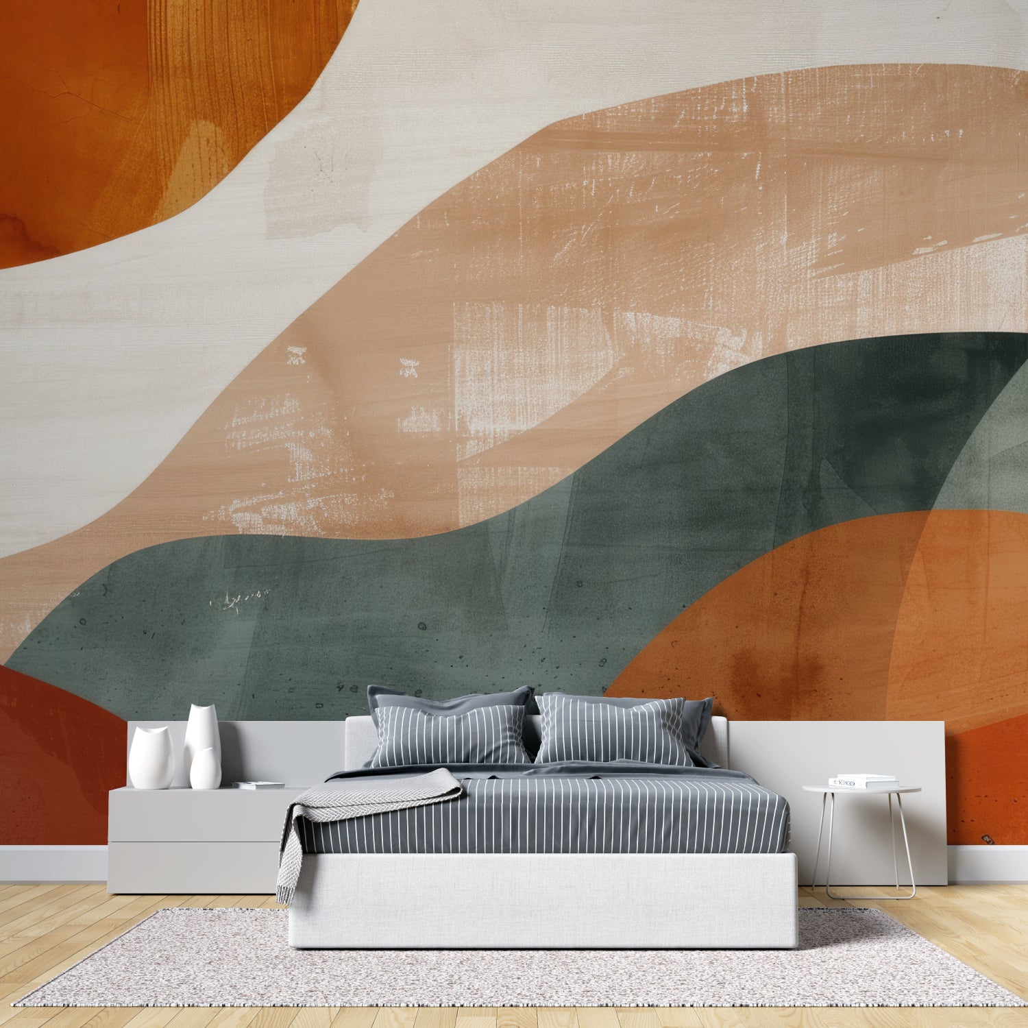 Contemporary hallway with nature-inspired abstract wall mural in forest greens