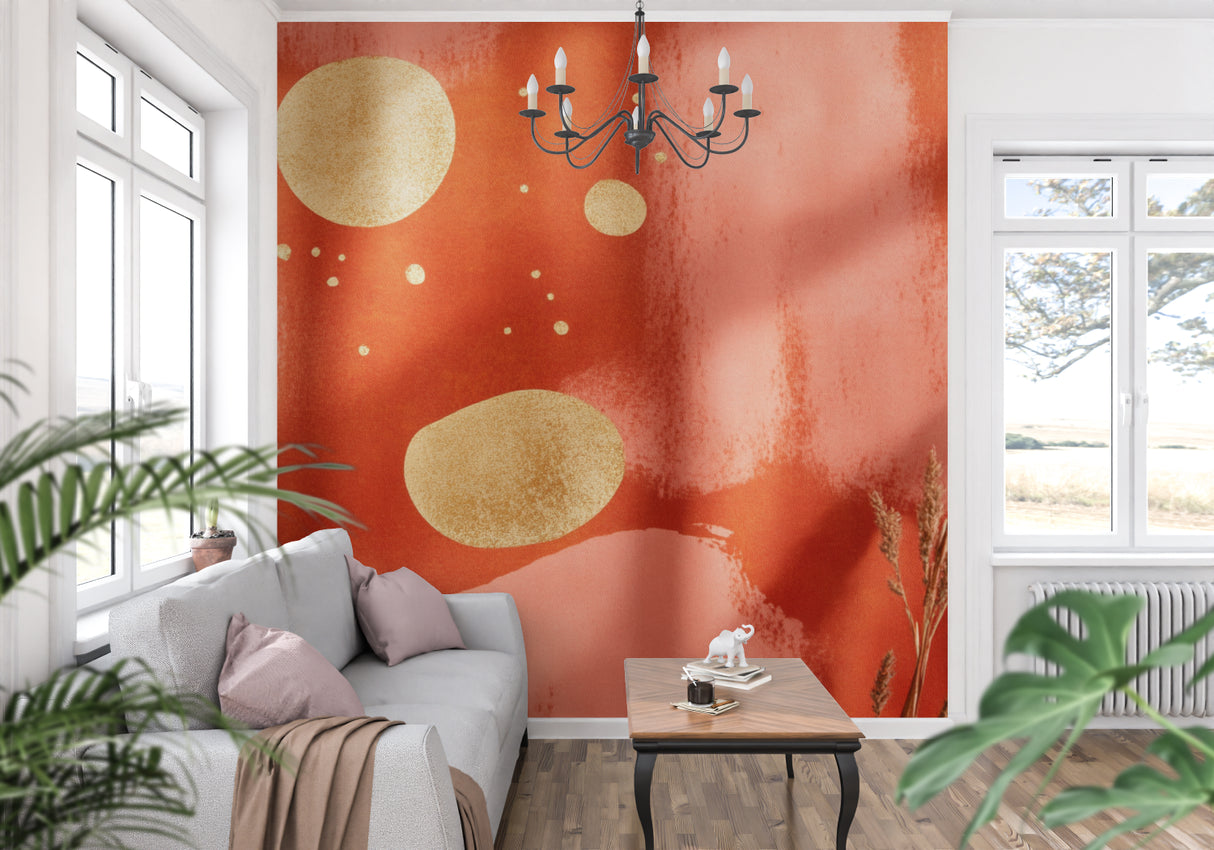 Modern abstract wallpaper with gold circles in a bright living room setting showing warm terracotta tones