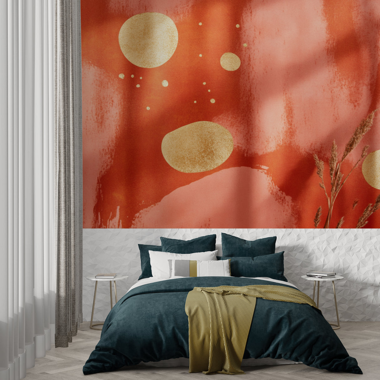 Terracotta and gold circle wallpaper creating an elegant backdrop in a dining room