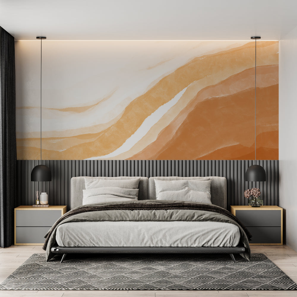 Modern abstract wave wallpaper in warm terracotta tones showcased in a bright living room setting