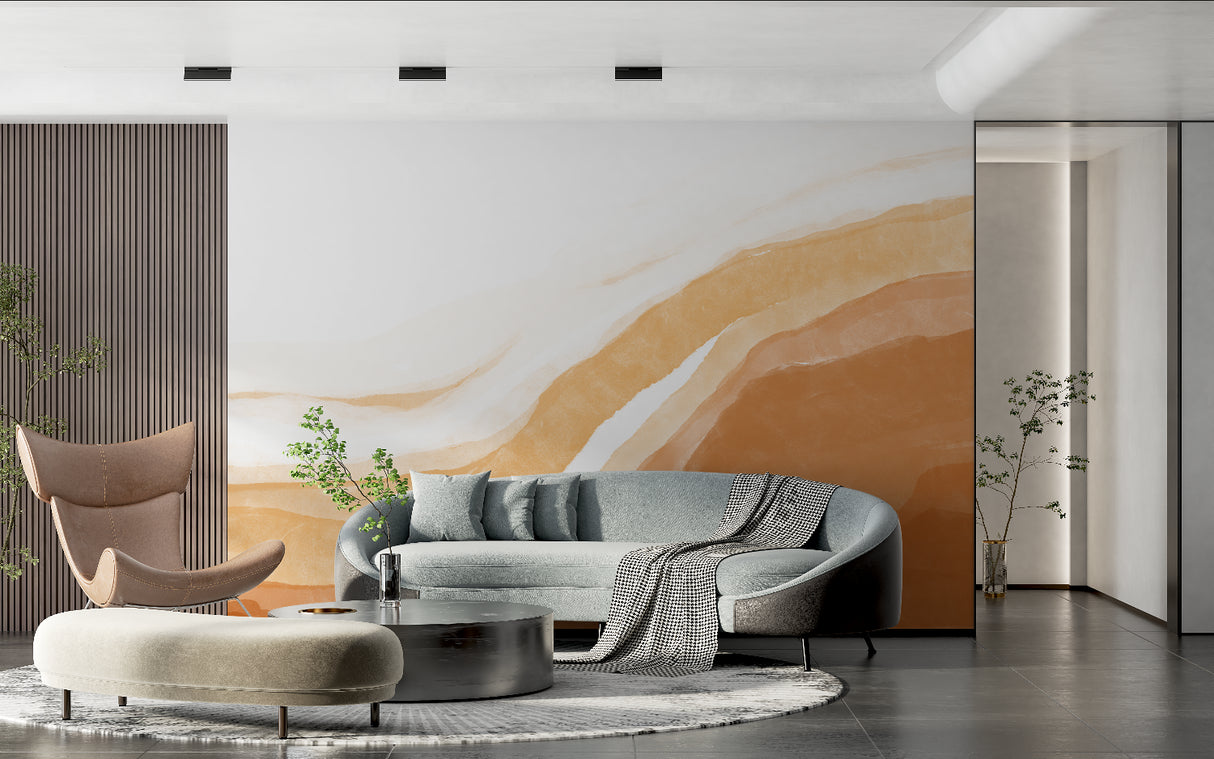 Terracotta and gold abstract wallpaper creating depth in a minimal dining room