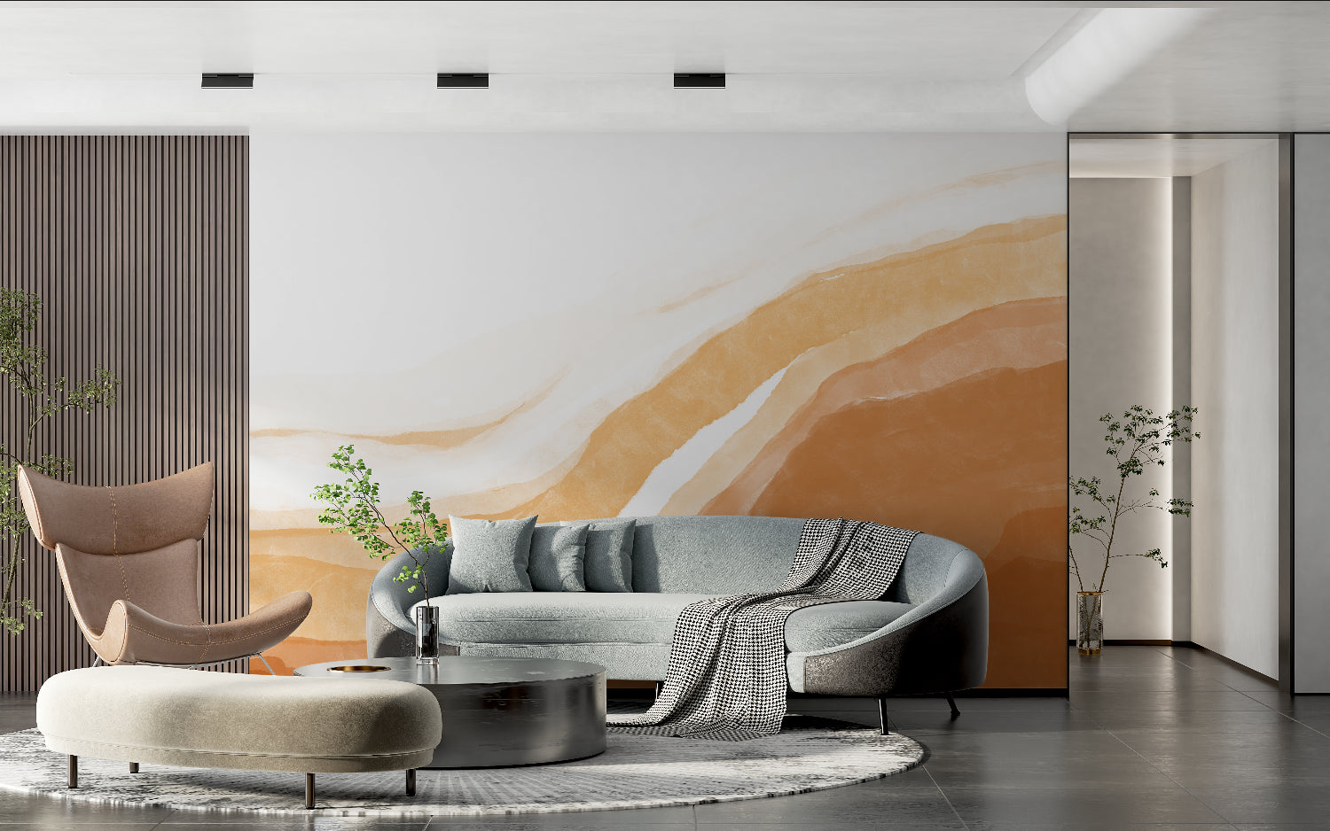 Terracotta and gold abstract wallpaper creating depth in a minimal dining room