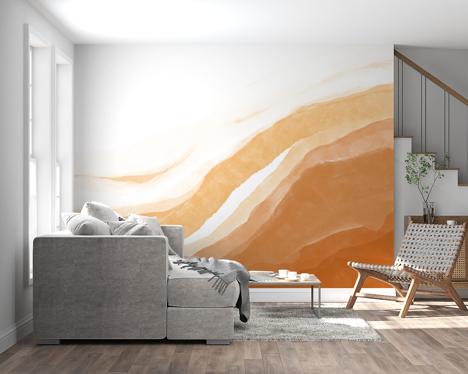 Abstract wave wall mural bringing warmth to a contemporary bedroom space