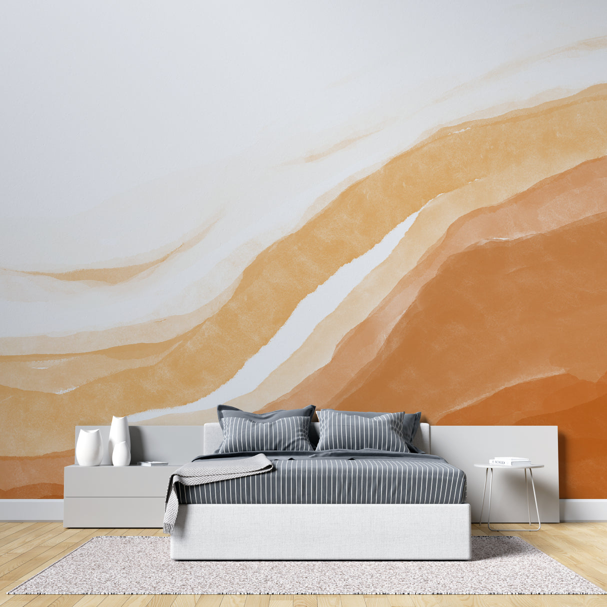 Modern terracotta wallpaper design flowing across a home office wall