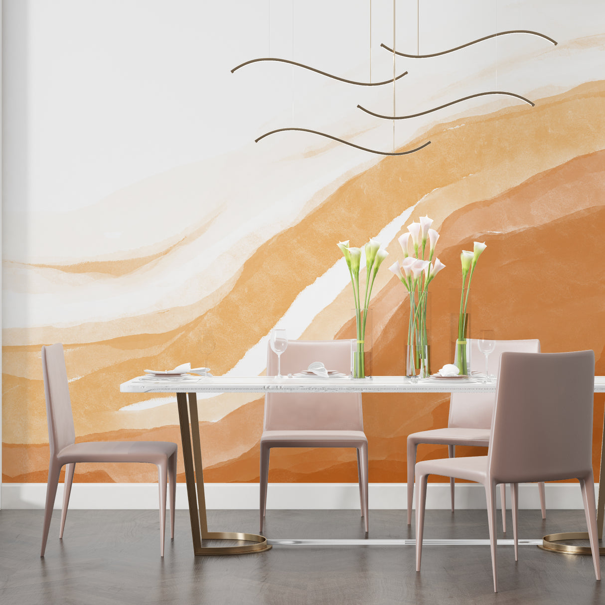 Gold and terracotta abstract pattern adding movement to an entrance hall