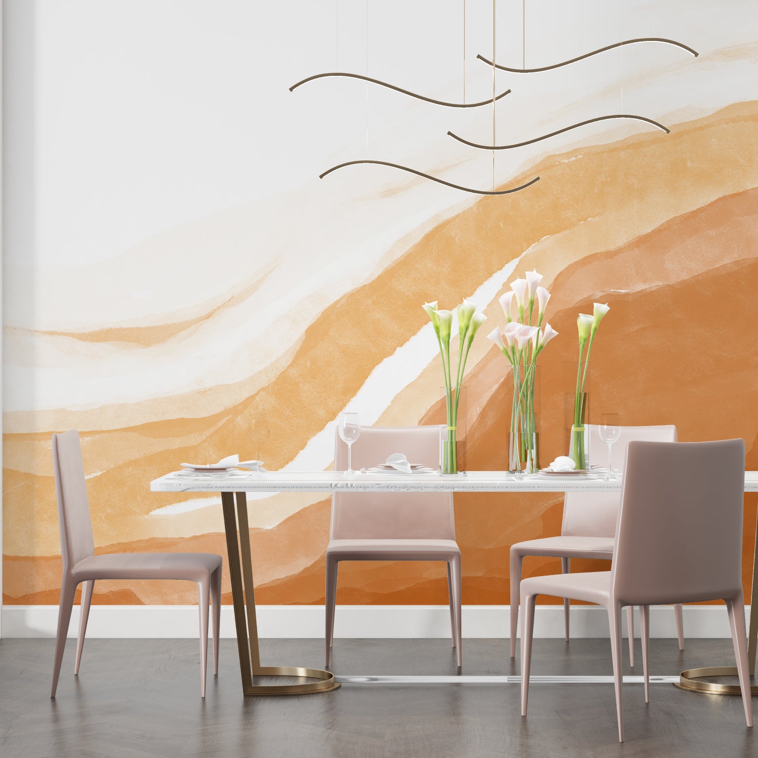 Gold and terracotta abstract pattern adding movement to an entrance hall