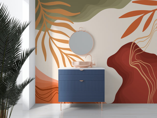 Abstract organic wallpaper in modern living room with terracotta and olive tones creating a warm atmosphere