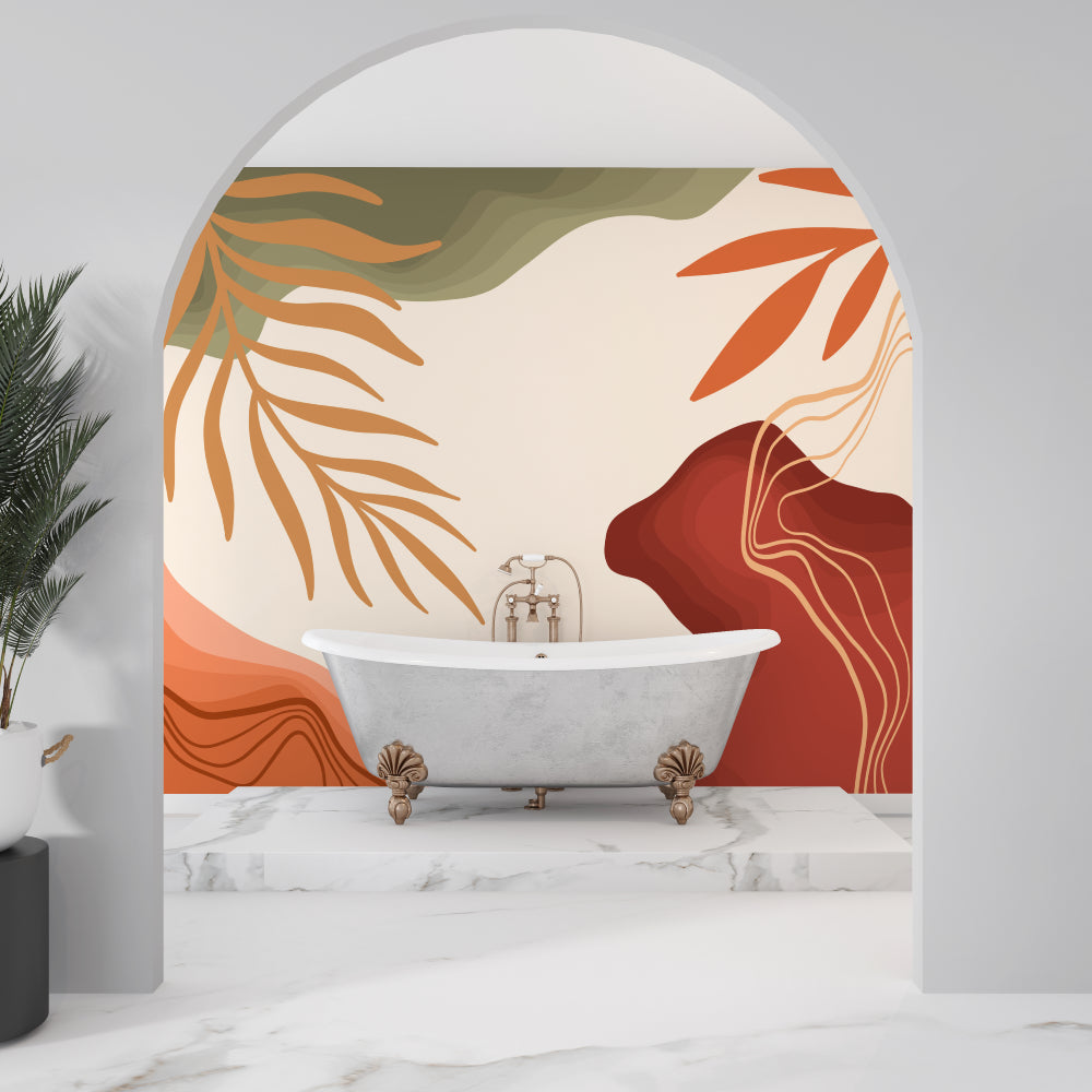 Organic shape wall mural in dining room showing flowing curves and natural colors