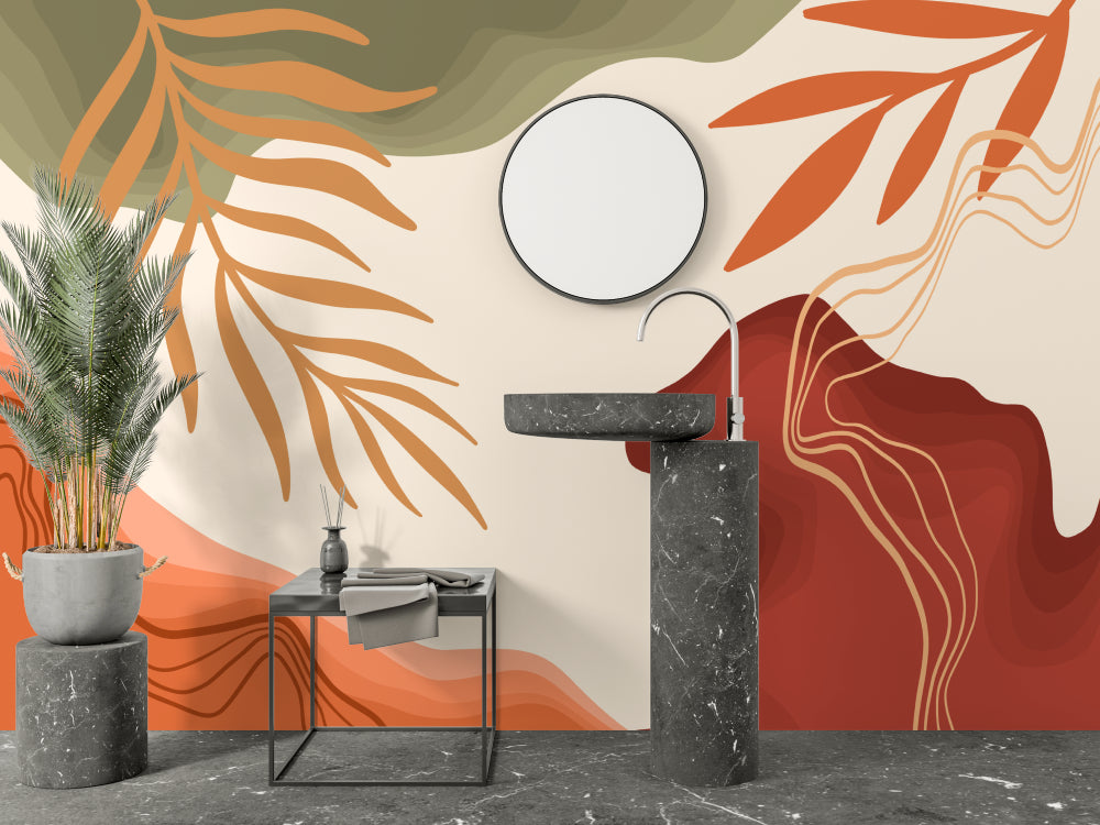 Modern home office featuring abstract organic wallpaper with earthy tones