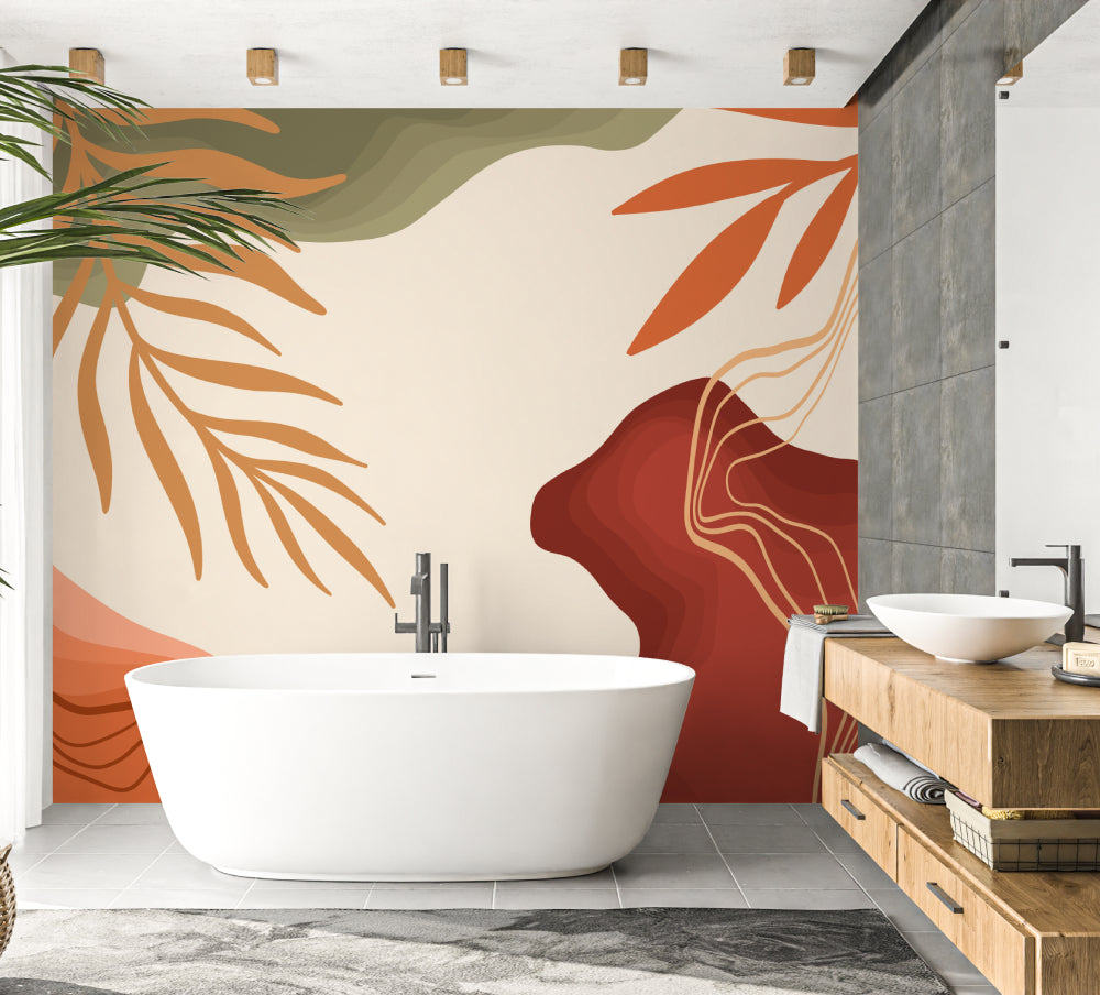 Abstract wall mural in bedroom showcasing terracotta and olive organic patterns