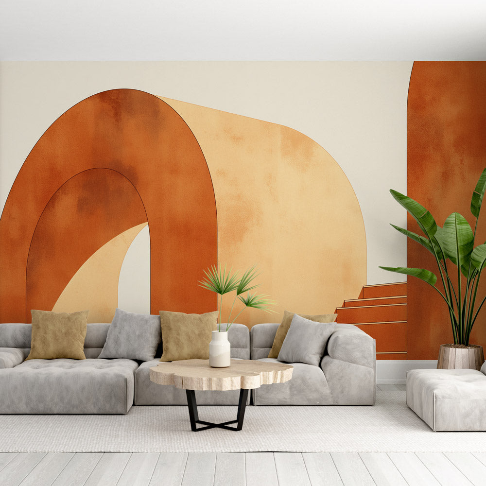 Modern living room with Abstract Terracotta Arch Wallpaper creating warm, sophisticated atmosphere with minimal furniture