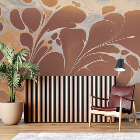 Terracotta art deco wallpaper in modern living room creating warm, sophisticated atmosphere