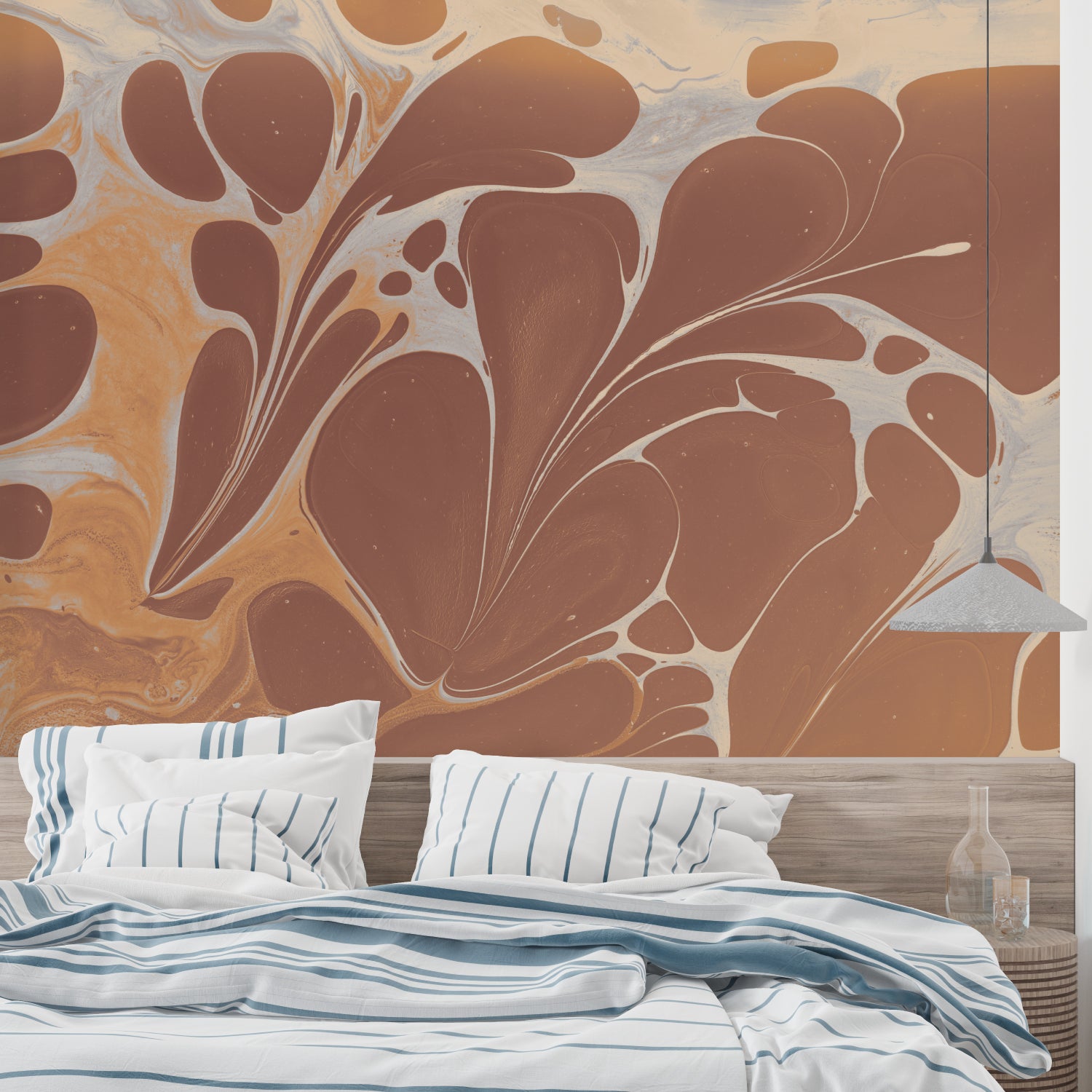 Terracotta abstract mural adding warmth to minimalist home office space
