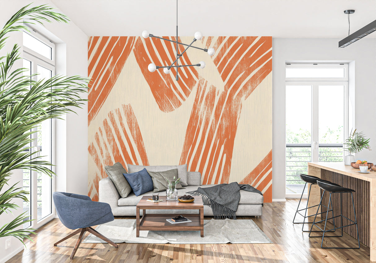Terracotta abstract wallpaper in modern living room creates warm, artistic atmosphere