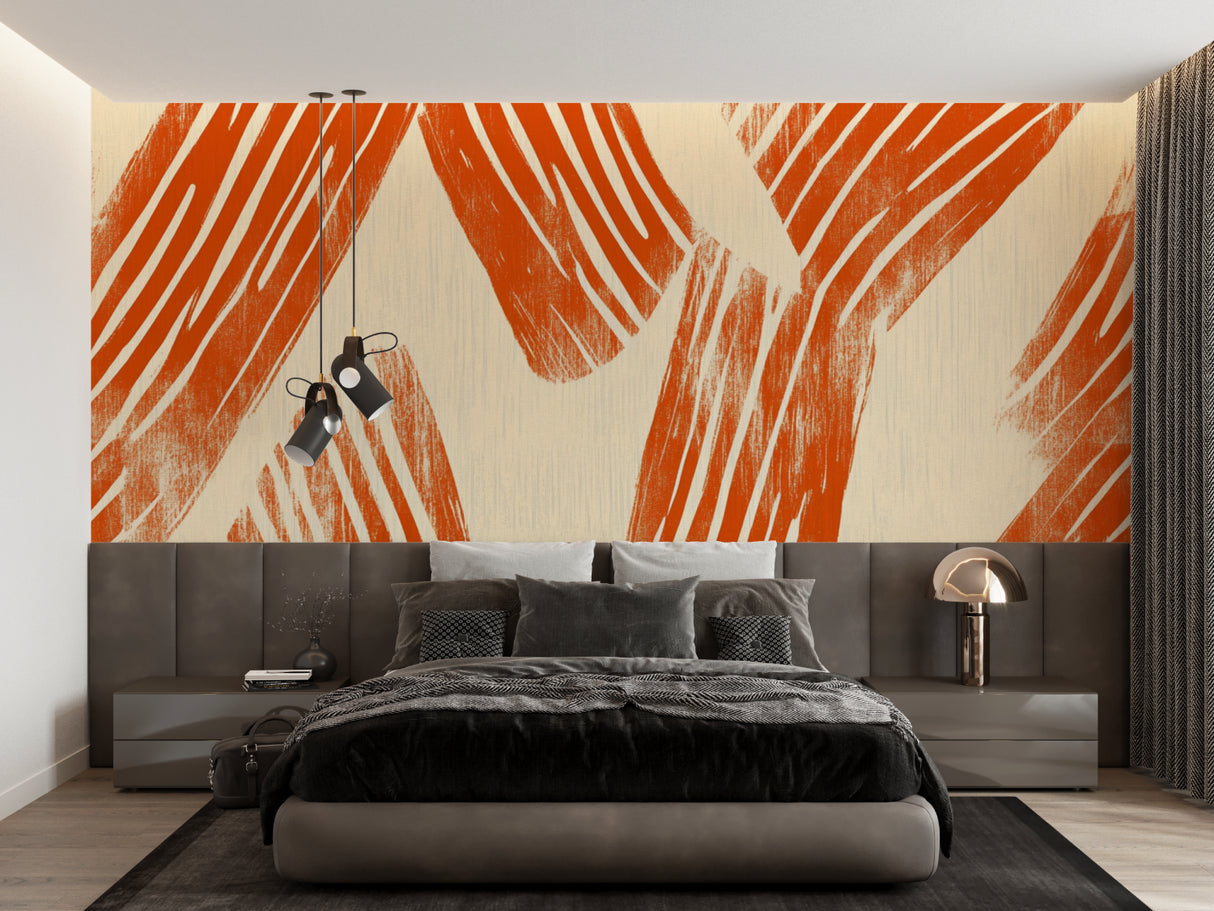 Modern home office featuring geometric terracotta wallpaper design