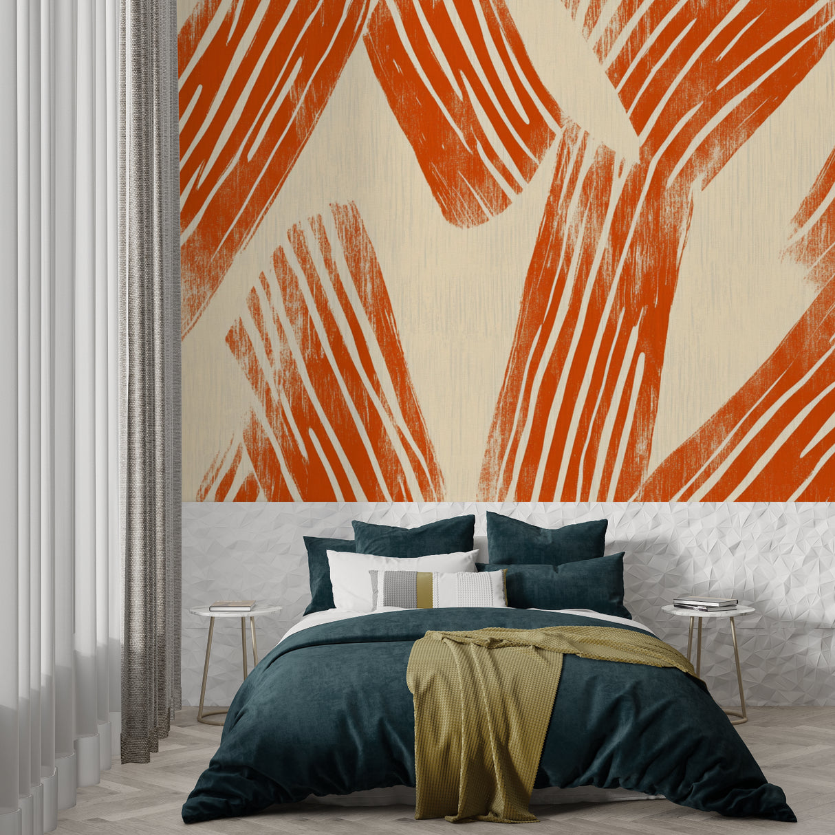 Abstract geometric wallpaper bringing warmth to minimalist home office