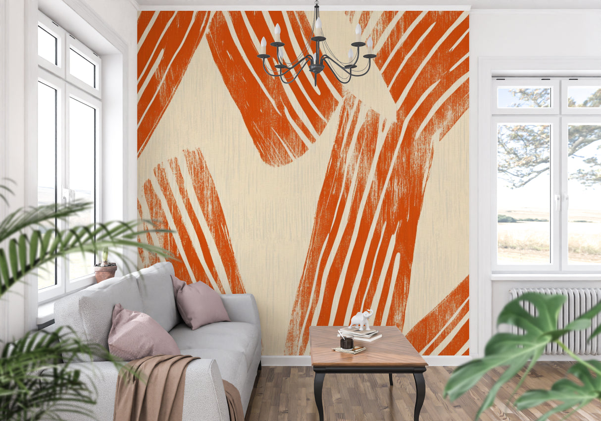 Terracotta and beige abstract mural in hallway with modern lighting