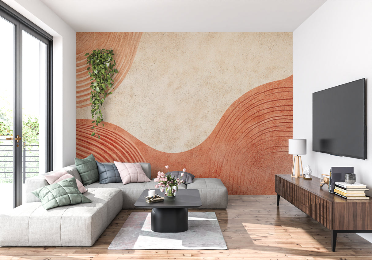 Abstract wall mural with flowing terracotta curves in home office space