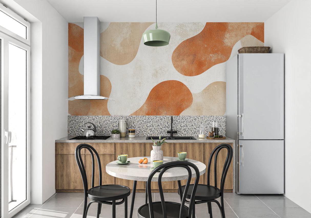 Curved terracotta wallpaper design in dining room with modern furniture