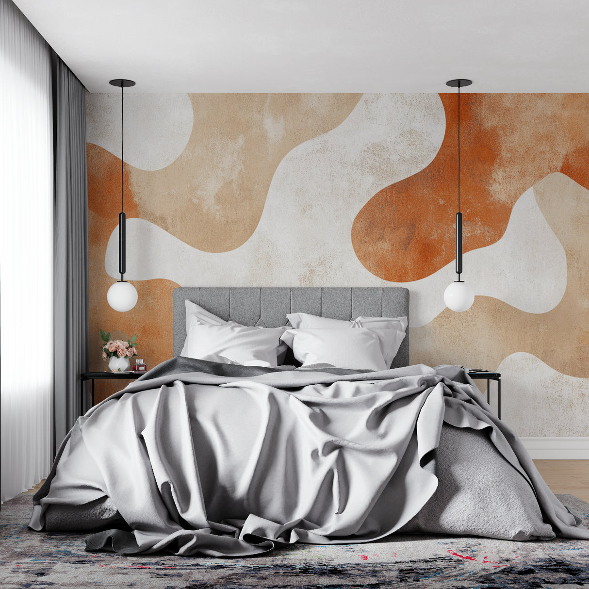 Abstract wall mural in master bedroom with earth tone decor