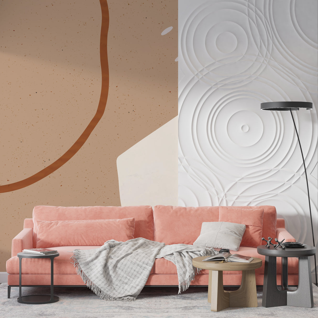 Abstract terracotta wallpaper in a bright modern living room with minimal furniture