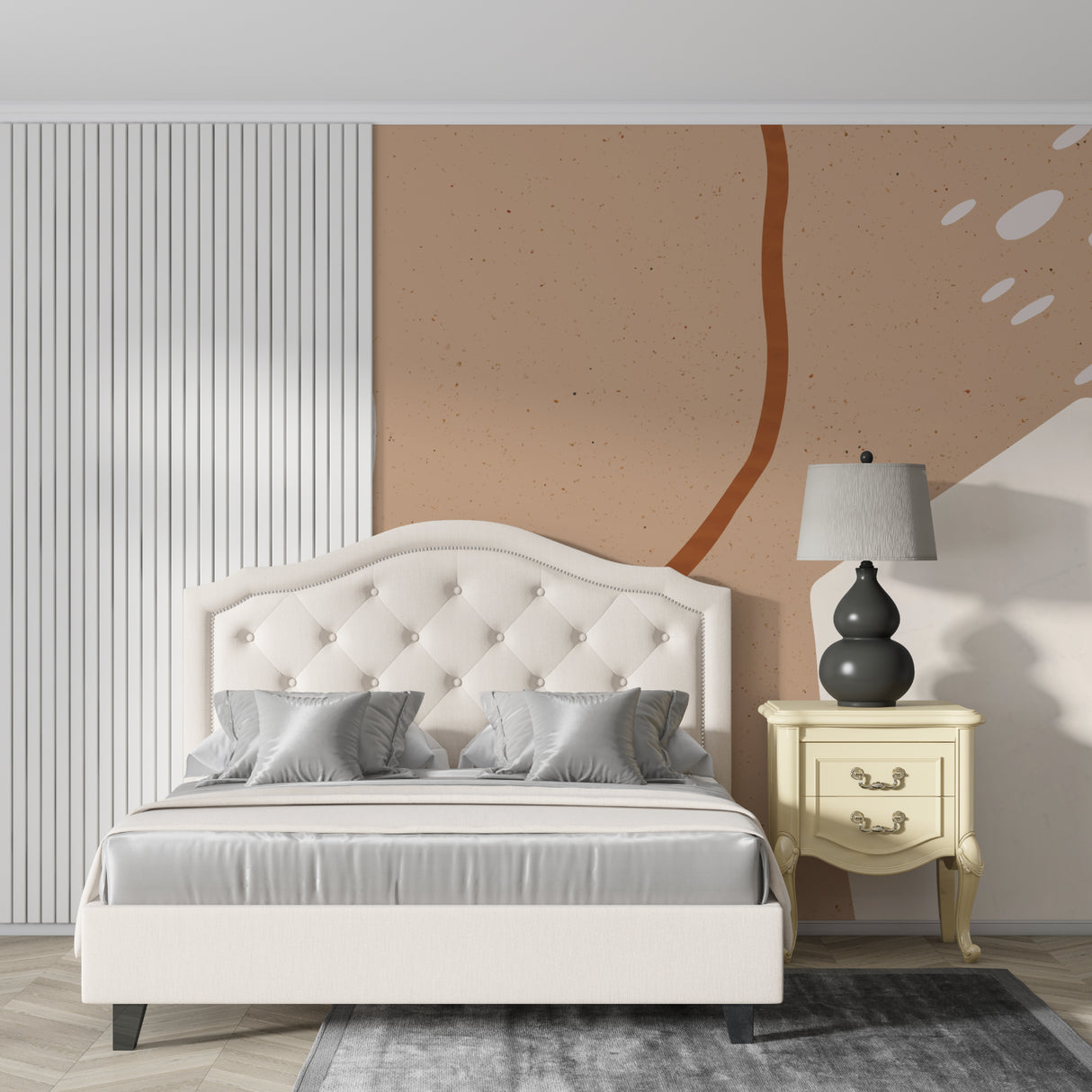 Terracotta curved wall mural creating depth in a cozy bedroom setting