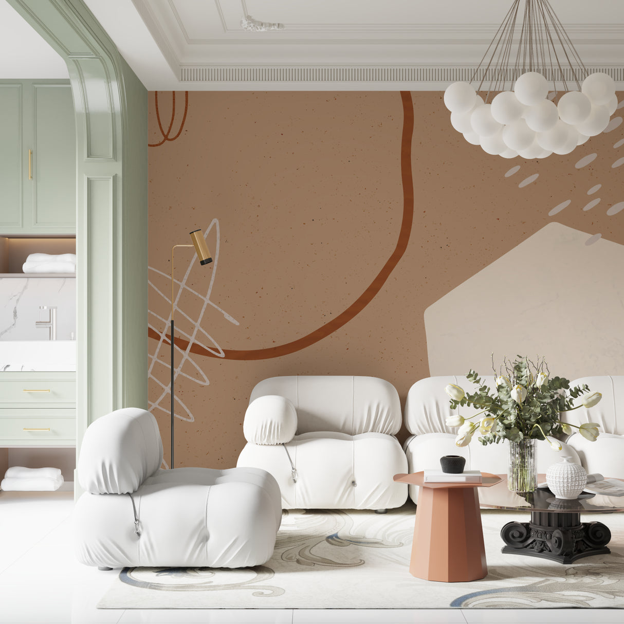 Modern abstract wallpaper with circles in a stylish home office