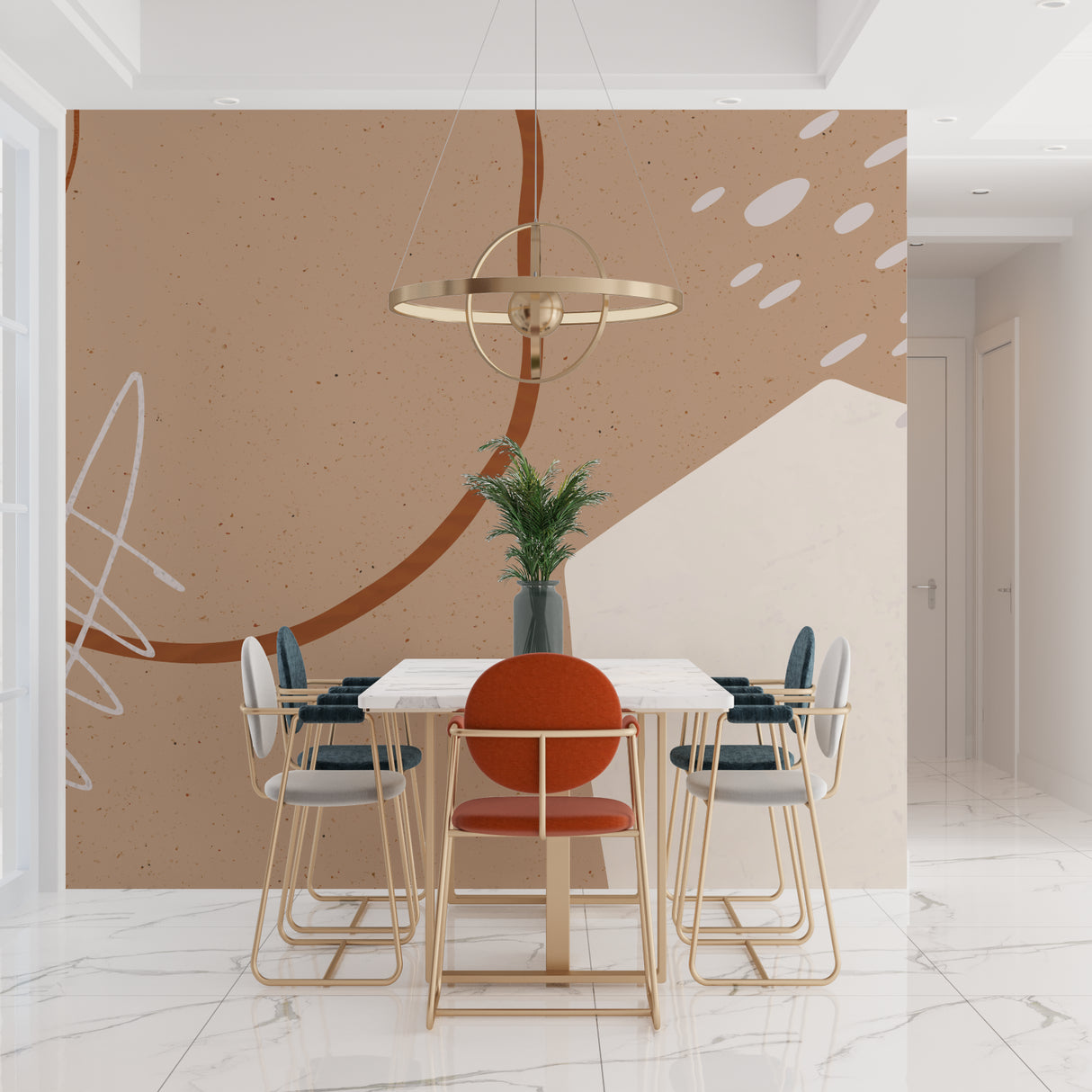 Geometric terracotta wall design in an elegant dining room