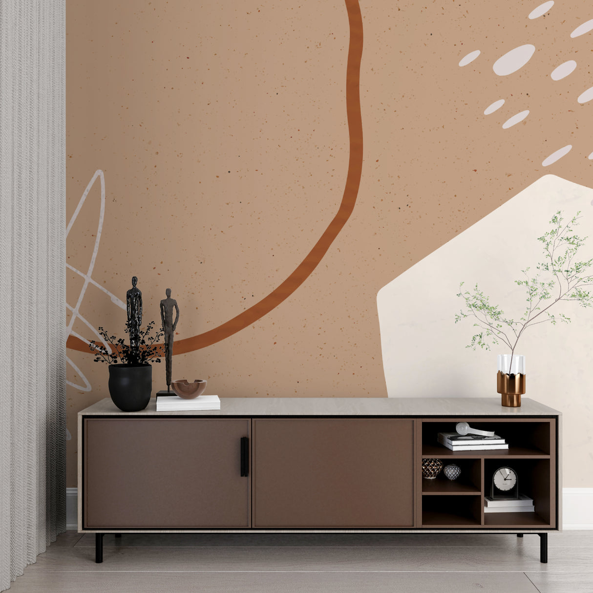 Abstract curved pattern bringing warmth to a minimalist entrance hall