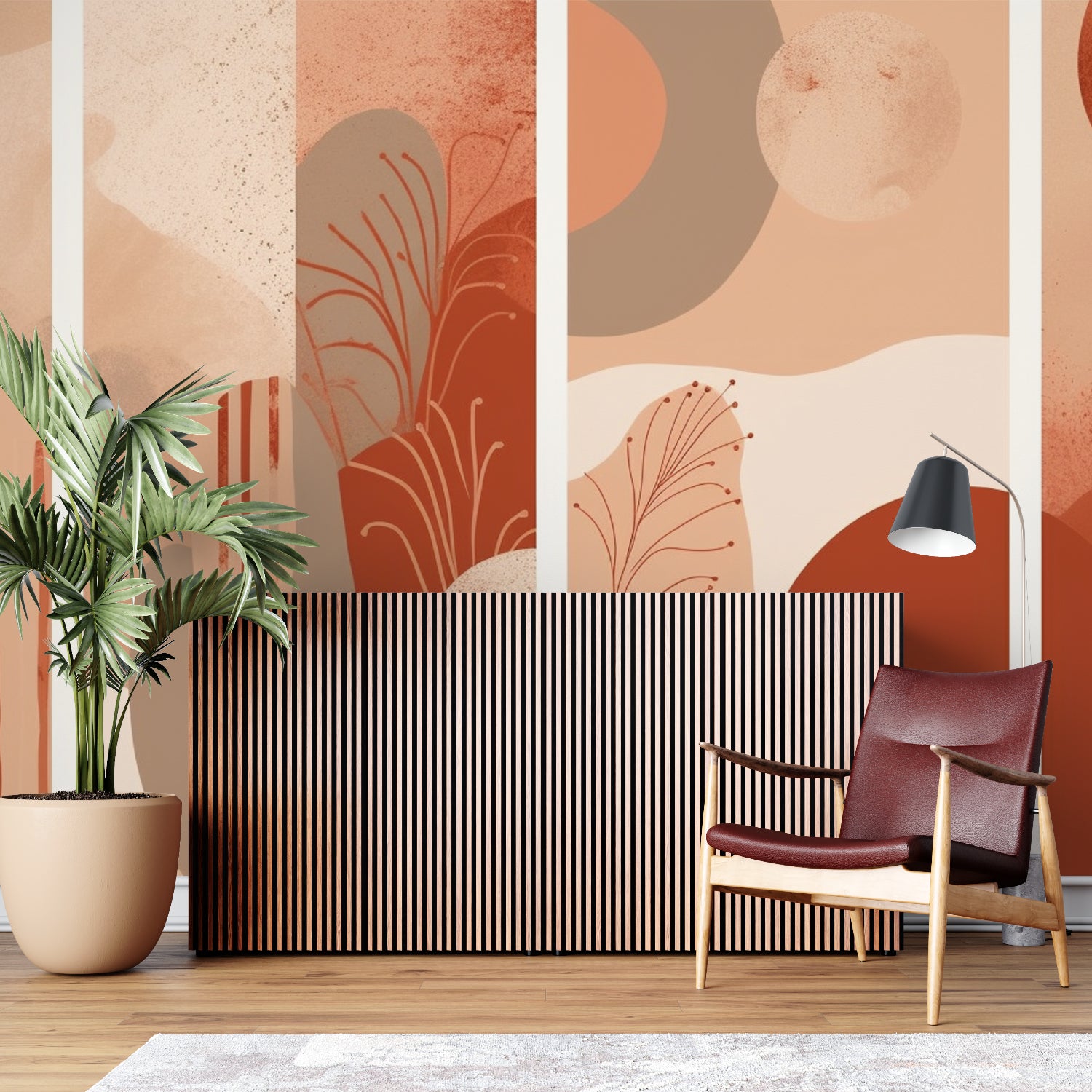 Abstract terracotta wall mural bringing natural warmth to bedroom with flowing botanical design