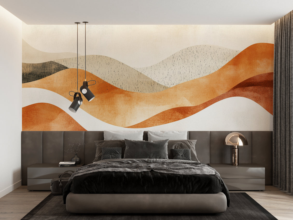 Desert waves abstract wallpaper creating warm atmosphere in bedroom