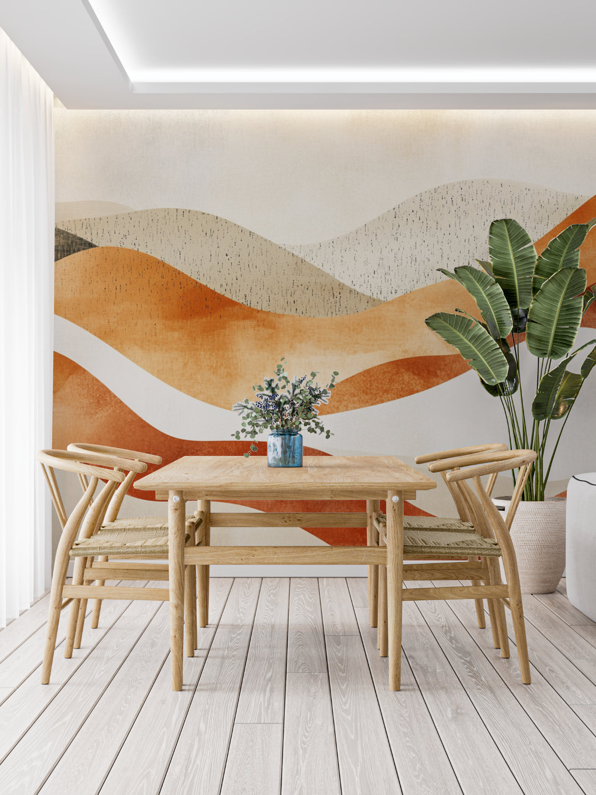 Modern office space featuring desert waves wallpaper in warm tones