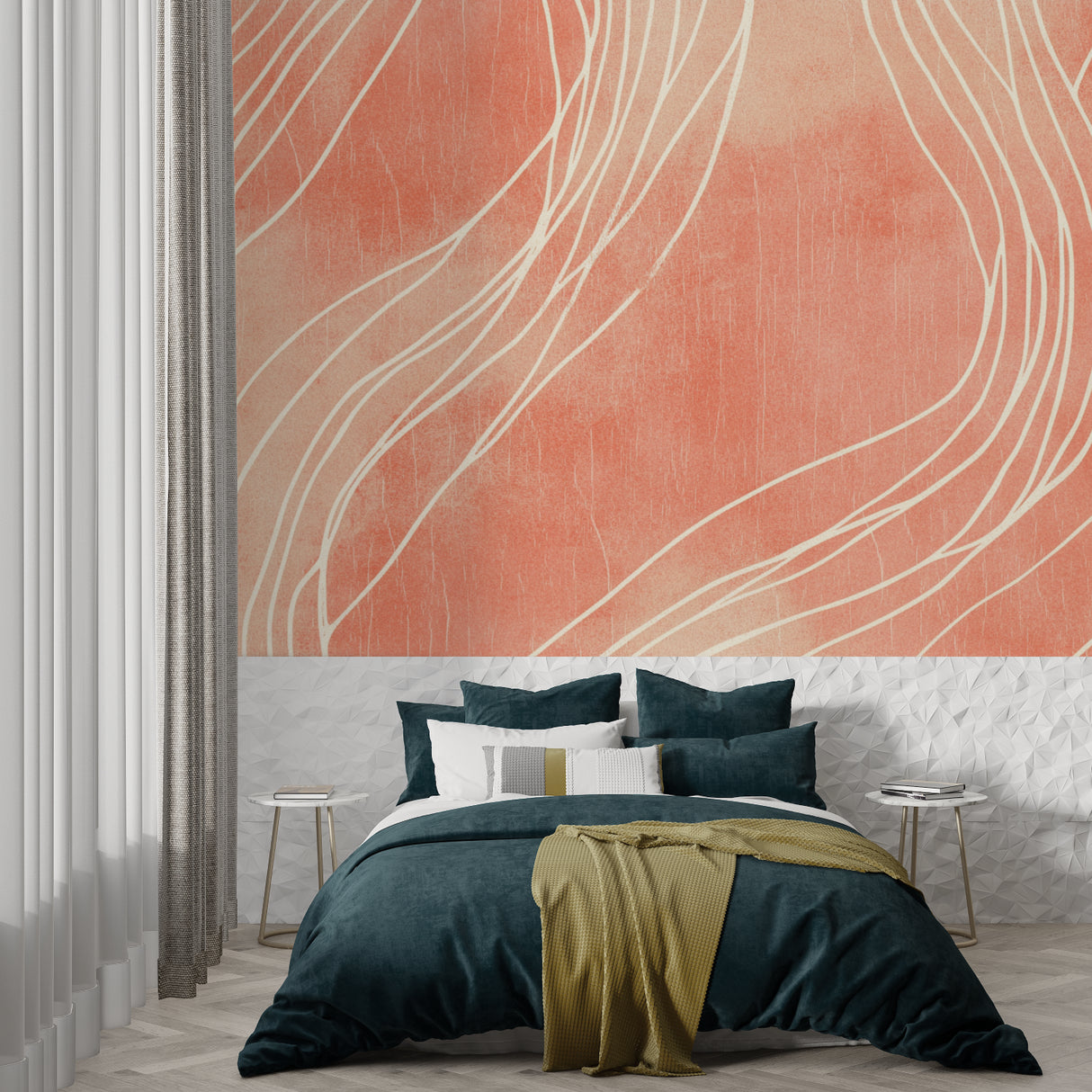 Abstract line art wallpaper in modern living room, warm terracotta tones creating movement