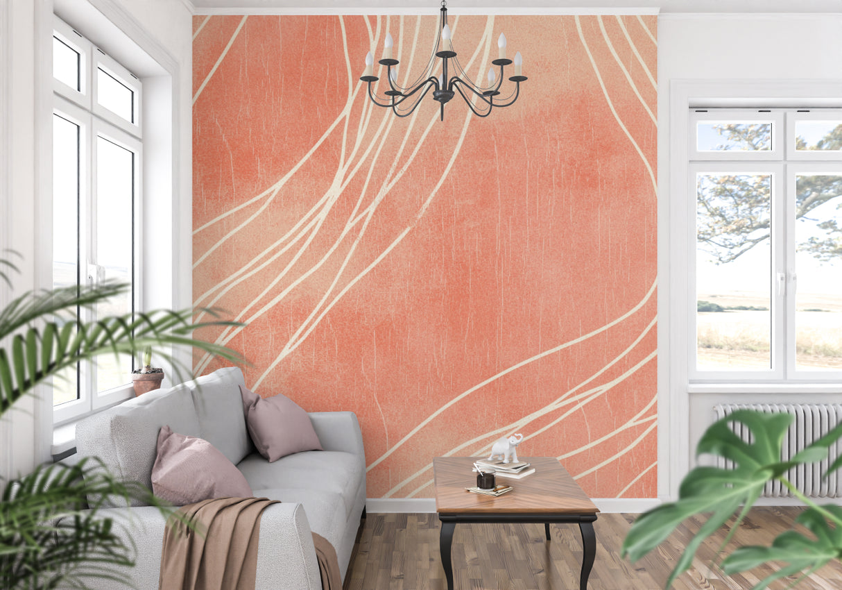 Contemporary bedroom with flowing lines abstract wallpaper in terracotta