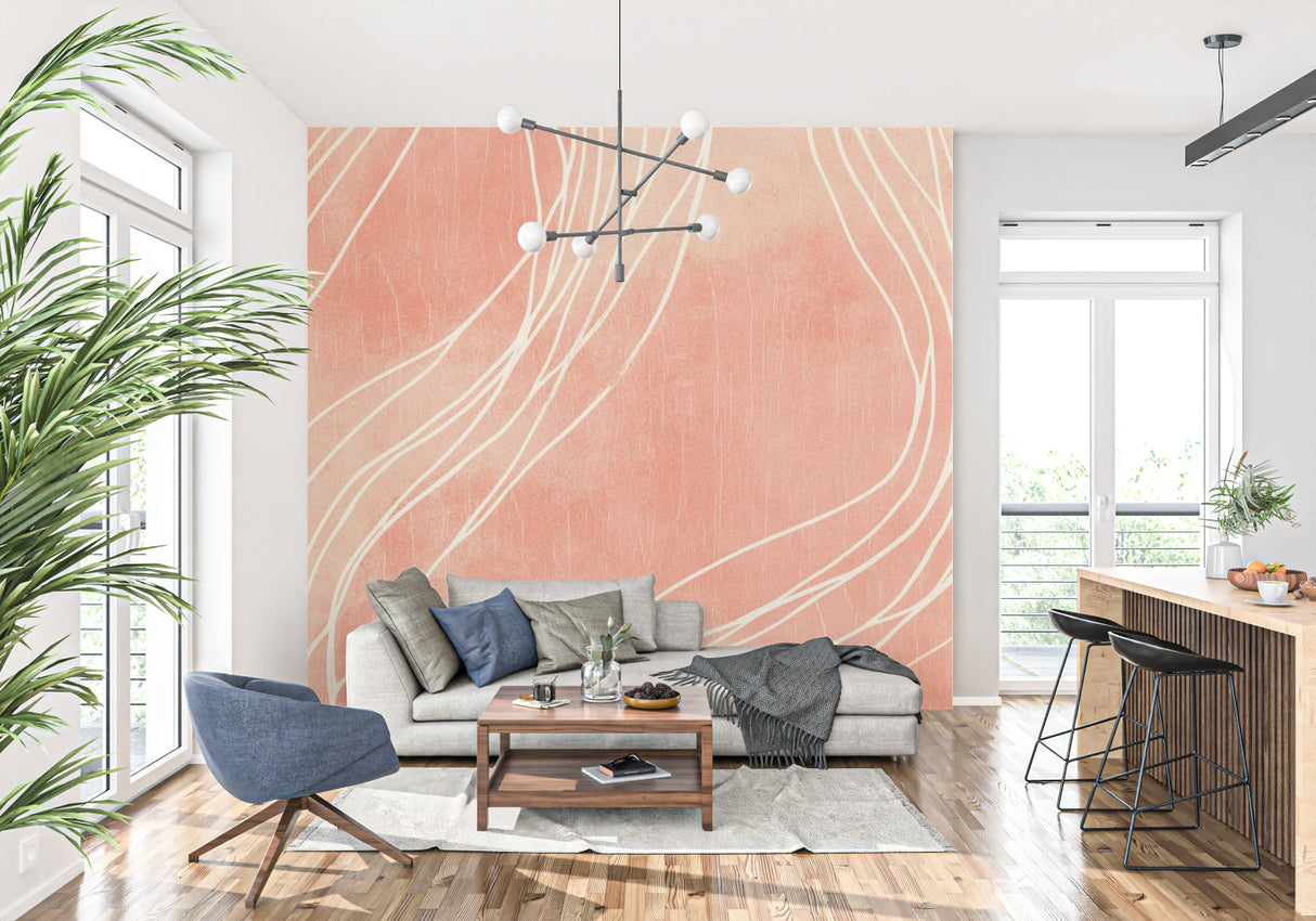 Home office featuring terracotta abstract wall mural with gentle curves