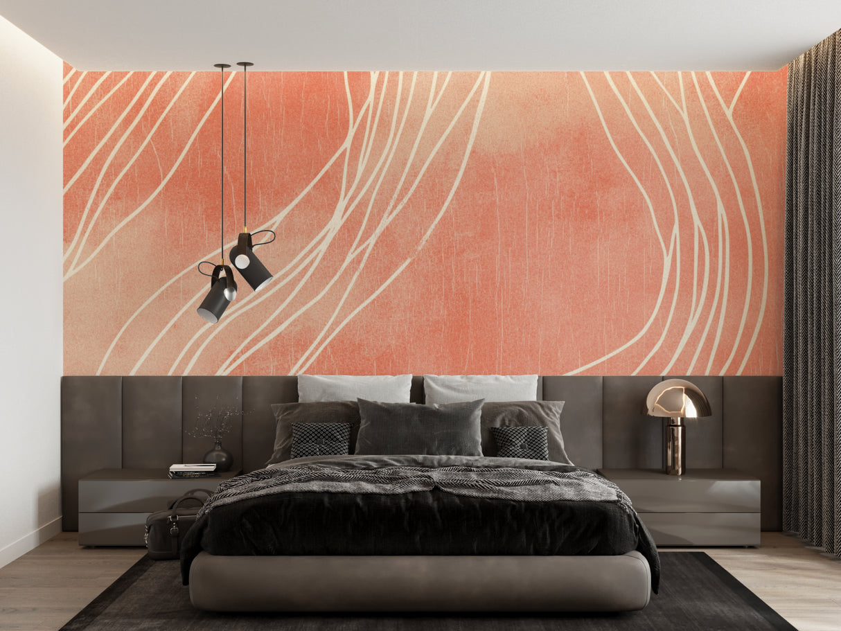 Dining room showcase of modern line art wallpaper in warm terracotta