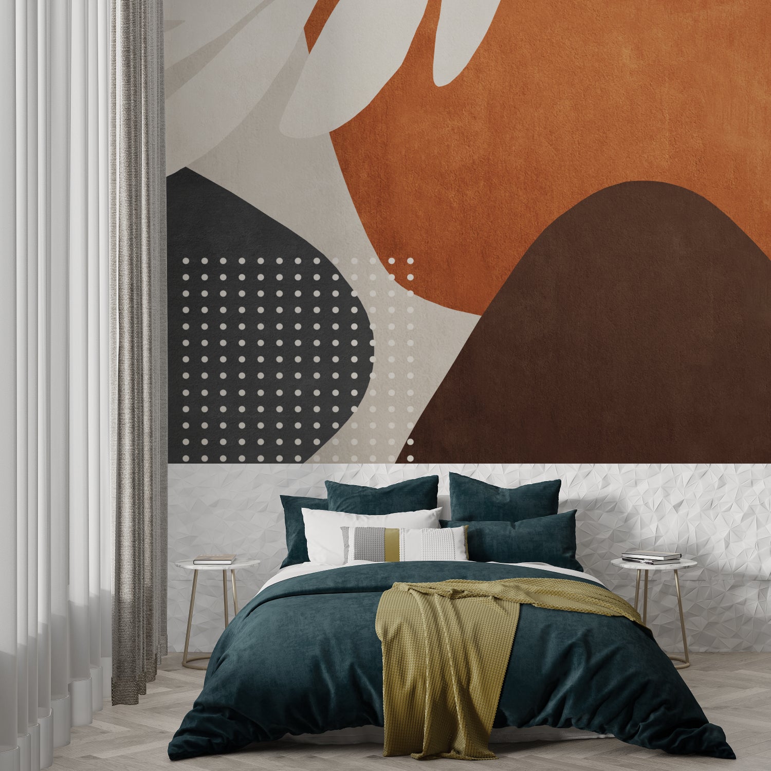 Abstract geometric wallpaper in modern living room with terracotta tones and curved patterns
