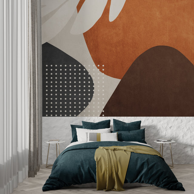 Abstract geometric wallpaper in modern living room with terracotta tones and curved patterns