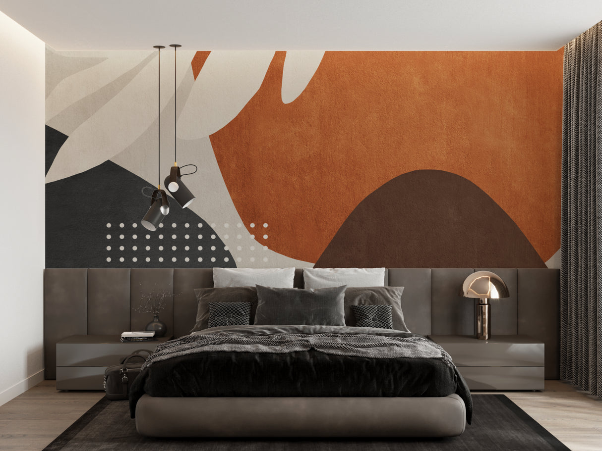 Geometric terracotta wallpaper creating focal point in dining room