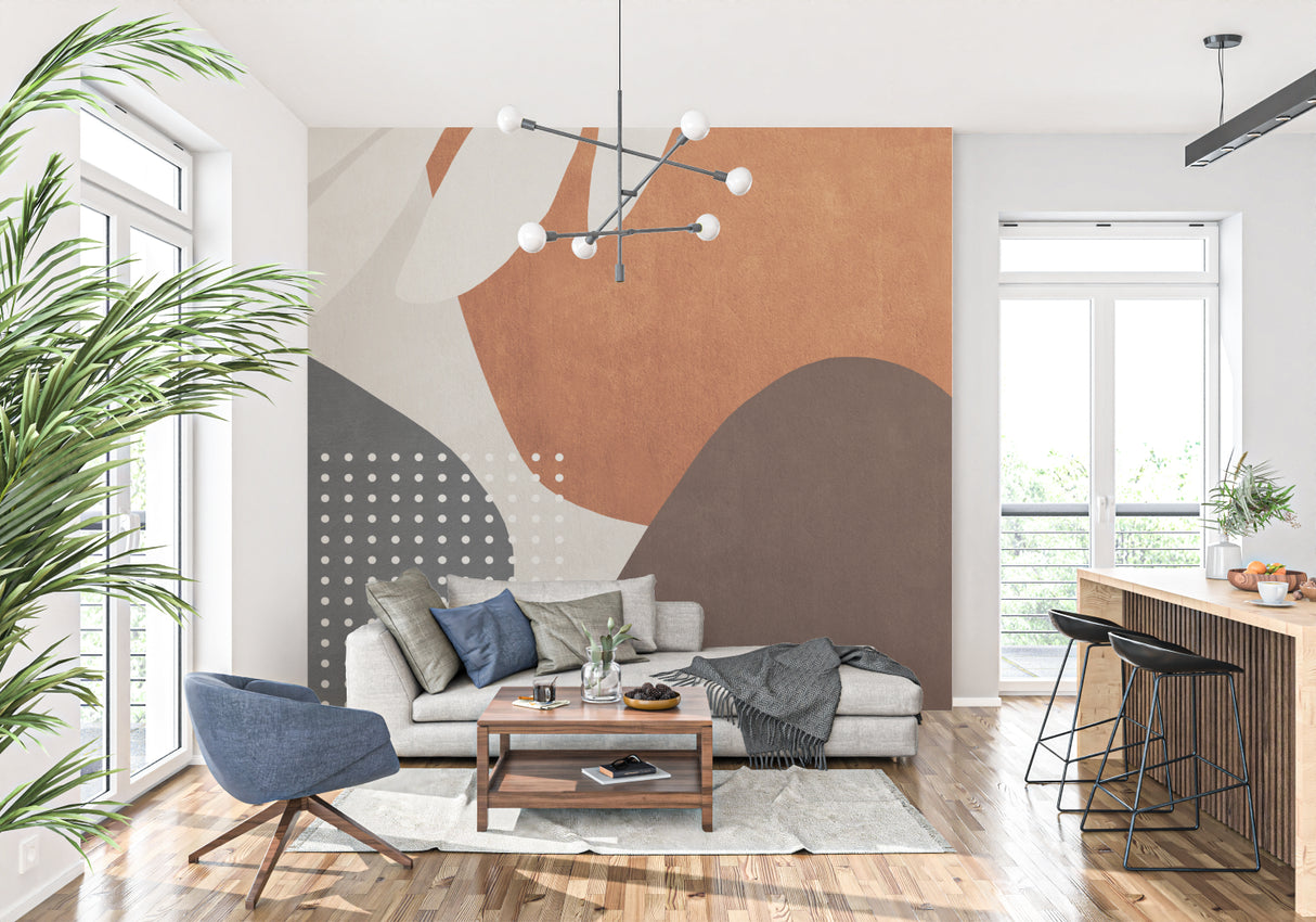 Modern home office with abstract geometric wall mural in warm tones
