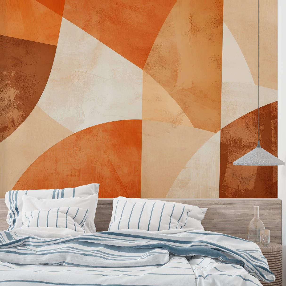 Modern geometric wallpaper with terracotta curves creating a warm atmosphere in a minimalist living room