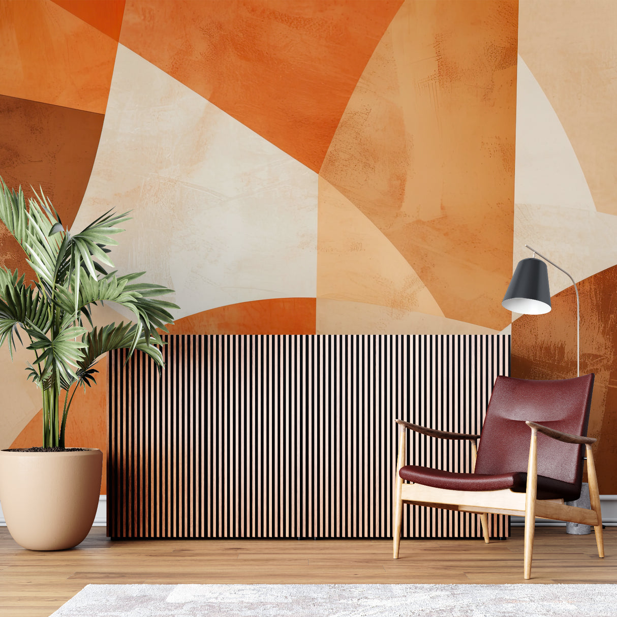 Abstract terracotta wall mural adding style to a contemporary dining space