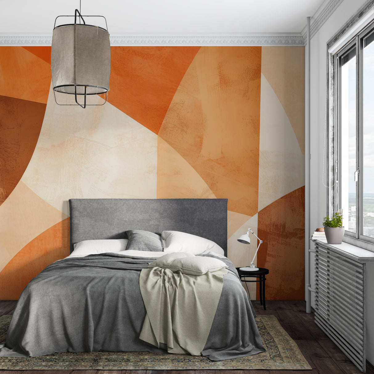 Geometric curves wallpaper bringing warmth to a modern home office setup