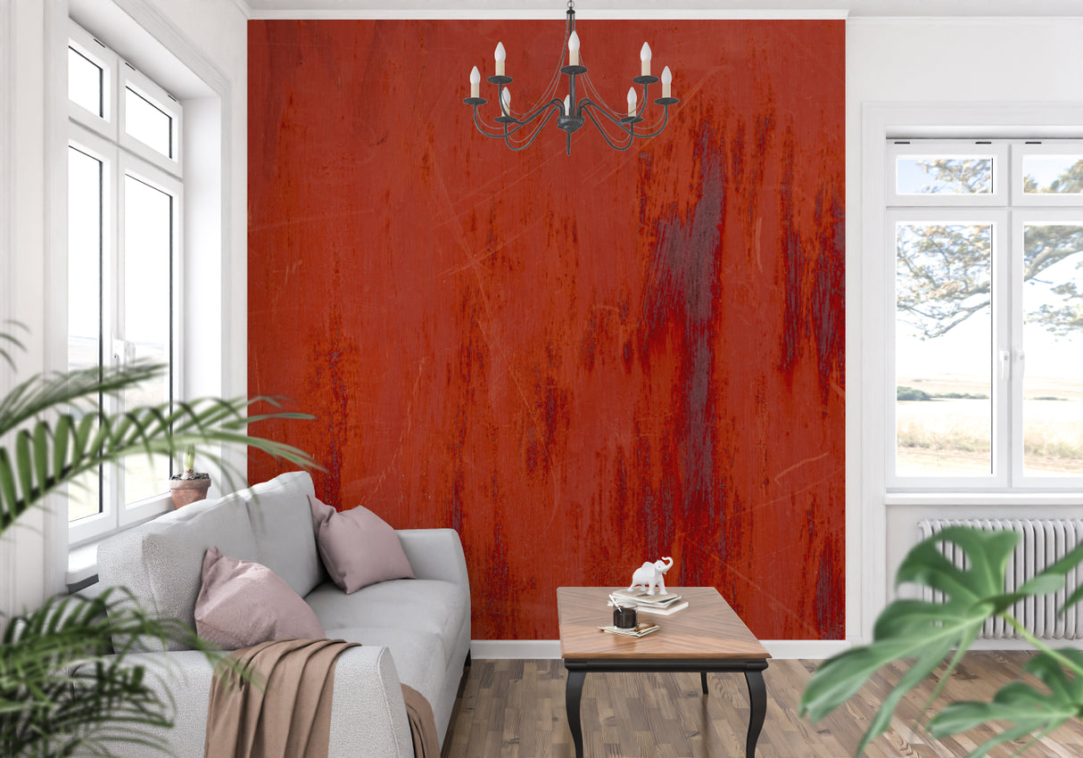 Red textured wall mural in dining room with contemporary furniture