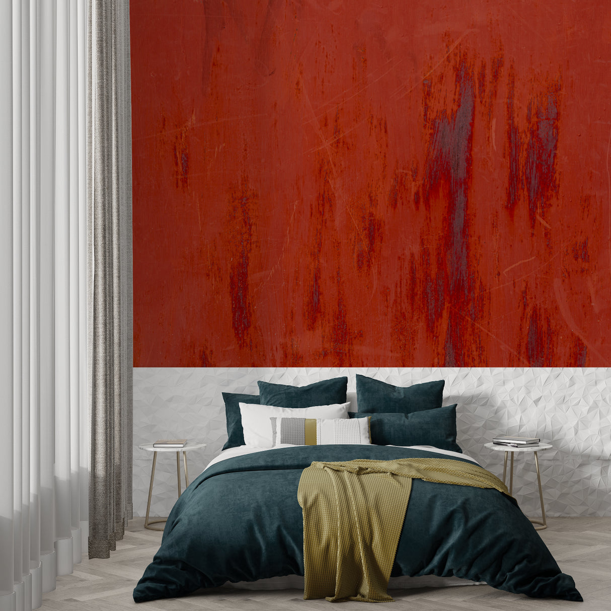 Abstract terracotta mural in bedroom showing texture detail